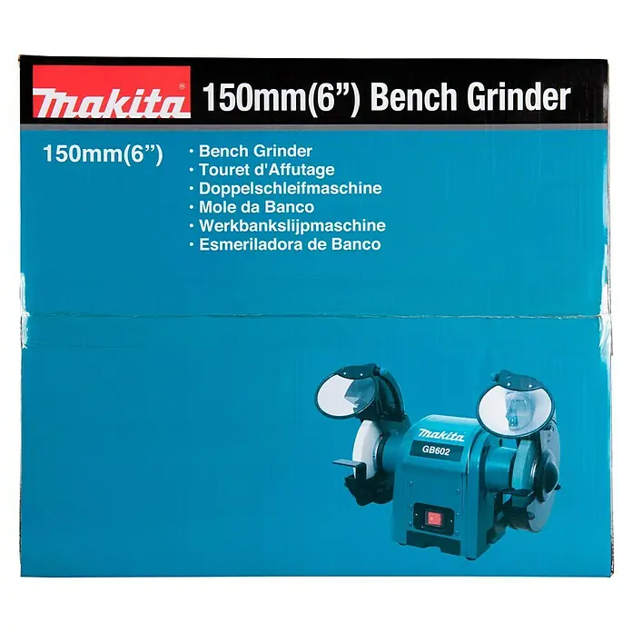 Makita Elektro-Doppelschleifer GB602 - 250 W, 2.850 U/min - Makita GB602 150mm (6") Doppelschleifmaschine in Türkis mit zwei Schleifscheiben und Schutzvorrichtungen.