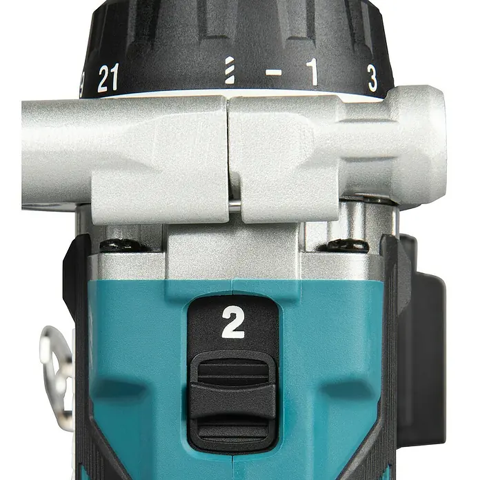 Makita LXT 18V Akku-Bohrschrauber DDF492RTJ - 18 V, 2 Akkus, 130 Nm - Schwarzes Einstellrad eines Elektrowerkzeugs mit Zahlen (21, 1, 3) und Symbolen über einem türkisfarbenen Gehäuse mit schwarzem Schalter '2'.