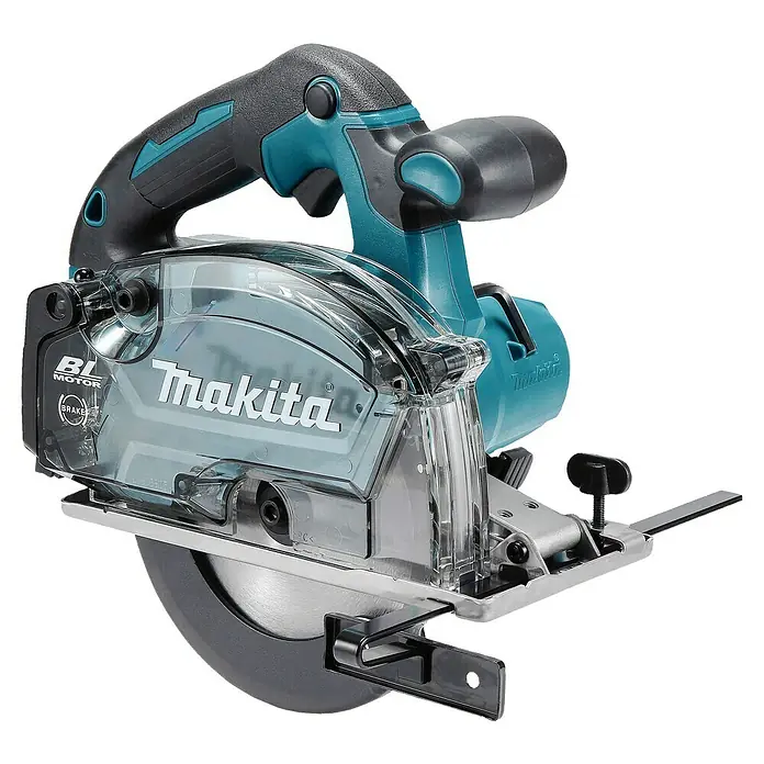 Makita LXT 18V Akku-Handkreissäge DCS553RTJ - 18 V, 2 Akkus, 5 Ah - Makita Handkreissäge in Türkis und Schwarz, mit transparentem Blattschutz, verstellbarer Basis und BL Motor/Bremse-Branding.