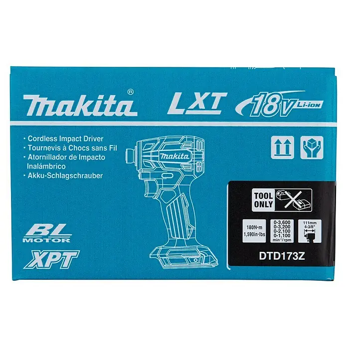 Makita LXT 18V Akku-Schlagschrauber DTD173Z - 18 V, Ohne Akku - Türkisfarbene Makita DTD173Z 18V Li-ION Akku-Schlagschrauber-Verpackung mit Werkzeugschema und Spezifikationen, markiert "NUR WERKZEUG".