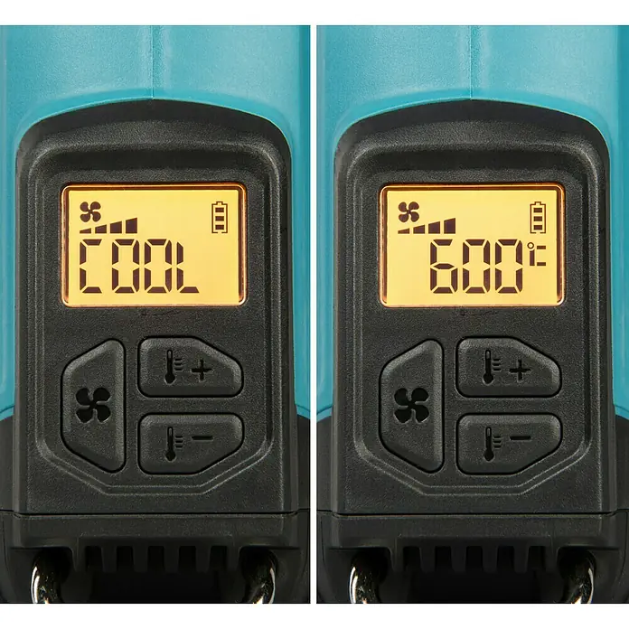 Makita XGT 40V max. Akku-Heißluftgebläse HG001G - 40 V, Ohne Akku, Temperaturbereich: 0 °C - 600 °C - Nahaufnahme des digitaldisplays eines türkis-schwarzen Geräts, das „COOL“ und „600°C“ anzeigt, mit Lüfter- und Temperaturtasten.