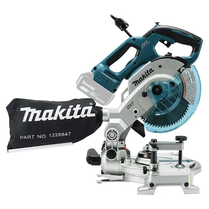 Makita LXT 18V Akku-Kapp- & Gehrungssäge DLS600Z - 18 V, Ohne Akku, Leerlaufdrehzahl: 5.000 U/min - Makita Akku-Kapp- und Gehrungssäge in Grau-Blau mit durchsichtigem Blattschutz und schwarzem Staubsack.