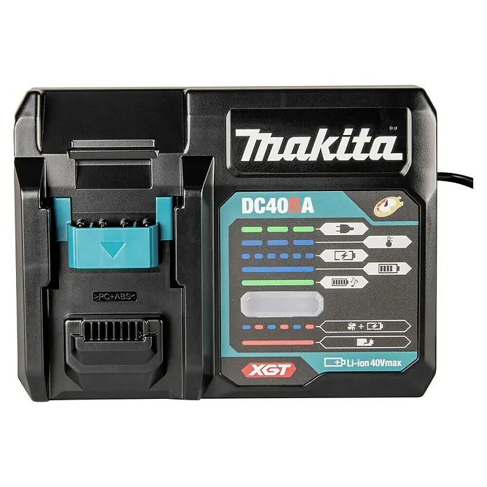 Makita XGT 40V max. Schnellladegerät DC40RA - Passend für: Makita 40 V max. XGT-Akkus - Schwarzes Makita DC40RA XGT Li-ion 40Vmax Akkuladegerät aus PC+ABS, mit türkisen Akzenten und Statusanzeige.