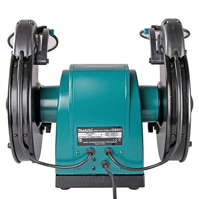 Makita Elektro-Doppelschleifer GB801 - 550 W, 2.850 U/min - Makita GB801 Doppelschleifmaschine mit türkisfarbenem Gehäuse, zwei Schleifscheiben und klaren Schutzschildern.