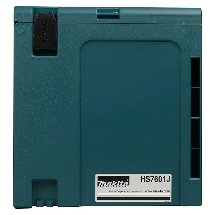 Makita Handkreissäge HS7601J - 1.200 W, Durchmesser Sägeblatt: 190 mm - Dunkeltürkiser Makita Kunststoff-Werkzeugkoffer mit Modellnummer HS7601J, für Elektrowerkzeuge.