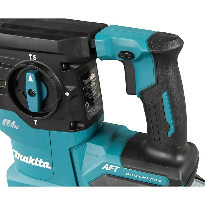 Makita XGT 40V max. Akku-Kombihammer HR009GZ - 40 V, Ohne Akku, 3,9 J - Türkis-schwarzer Makita HR009G Akku-Bohrhammer mit bürstenlosem Motor, Bedienelementen und Beschriftung.