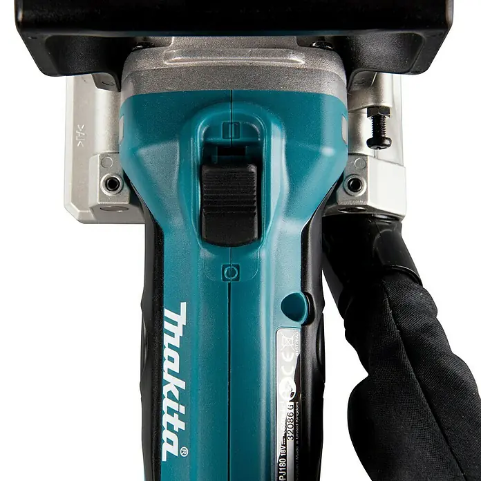 Makita LXT 18V Akku-Flachdübelfräse DPJ180Z - 18 V, Ohne Akku, 0 Ah, Schnitttiefe: 20 mm - Nahaufnahme eines Makita Elektrowerkzeugs in Türkis und Schwarz mit Metallakzenten und einem schwarzen Staubfangbeutel.