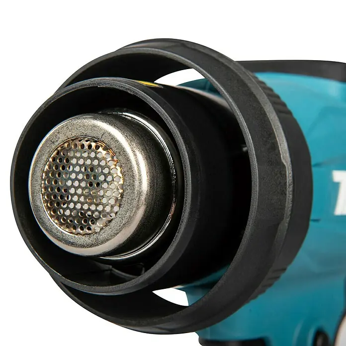 Makita XGT 40V max. Akku-Heißluftgebläse HG001G - 40 V, Ohne Akku, Temperaturbereich: 0 °C - 600 °C - Nahaufnahme der metallischen Düse einer blau-schwarzen Heißluftpistole mit perforierter Spitze.