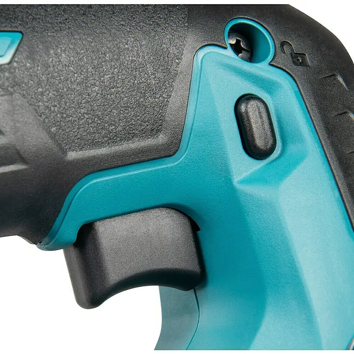 Makita LXT 18V Akku-Pendelhubstichsäge DJV186Z - 18 V, Ohne Akku, 2.900 /min - Schwarzer und türkiser Elektrowerkzeuggriff mit strukturierter Oberfläche, Auslöser und Sicherheitsverriegelungstaste.