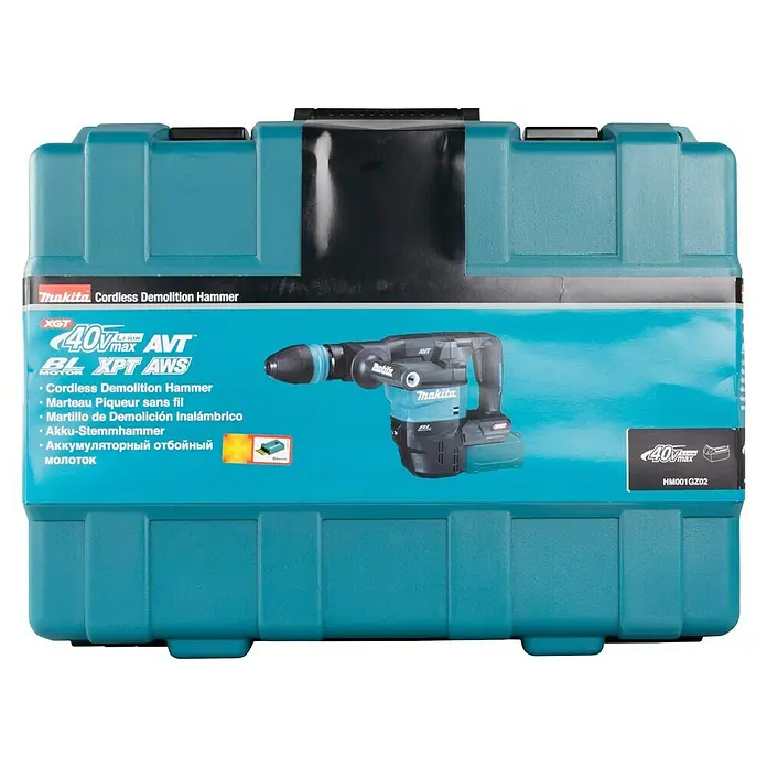 Makita XGT 40V max. Akku-Kombihammer HM001GZ02 - 40 V, Ohne Akku, 9,4 J - Makita Akku-Abbruchhammer in seiner türkis-schwarzen Tragetasche.