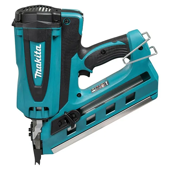 Makita Akku-Gasnagler GN900SE - 7,2 V, 2 Akkus, Länge Nagel: 50 mm - 90 mm - Makita türkis-schwarzes Akku-Nagelgerät, ein Elektrowerkzeug zum Befestigen.