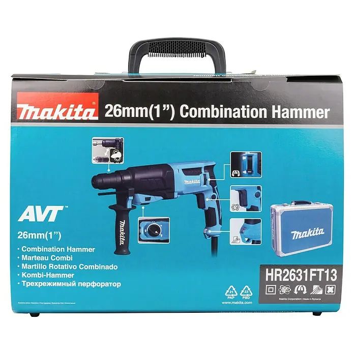 Makita Kombihammer HR2631FT13 - 800 W, 2,4 J, Schnellspannbohrfutter - Makita HR2631FT13 blauer und schwarzer 26mm Kombihammer in seiner Produktverpackung.