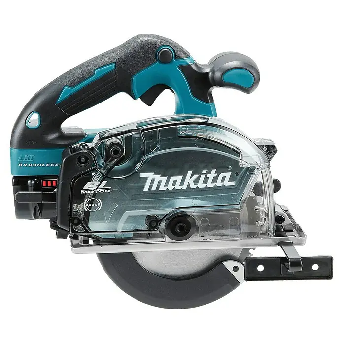 Makita LXT 18V Akku-Handkreissäge DCS553RTJ - 18 V, 2 Akkus, 5 Ah - Türkise und schwarze Makita Akku-Handkreissäge mit transparentem Blattschutz und silbernem Sägeblatt.