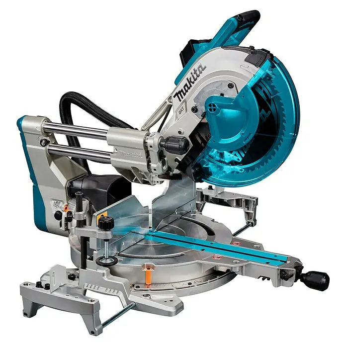 Makita Kapp- & Gehrungssäge LS1219L - 1.800 W, Durchmesser Sägeblatt: 305 mm, Leerlaufdrehzahl: 0 U/min - 3.200 U/min - Silber-graue und türkisfarbene Makita DXT Kapp- und Gehrungssäge mit großem Blattschutz und verstellbarem Sockel.
