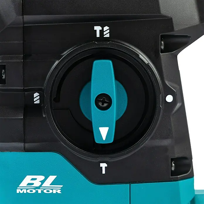 Makita XGT 40V max. Akku-Kombihammer HR008GZ - 40 V, Ohne Akku, 3,9 J - Detailansicht des Moduswahlschalters eines türkisfarbenen und schwarzen Elektrowerkzeugs, eingestellt auf Meißelmodus (Hammer-Symbol). Bohrer- und Schlagbohrsymbole sind sichtbar.