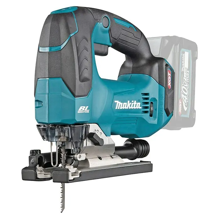 Makita XGT 40V max. Akku-Pendelhubstichsäge JV002GZ - 40 V, Ohne Akku, 0 /min - 3.500 /min - Makita Akku-Stichsäge in Schwarz und Türkis mit sichtbarem Akku.