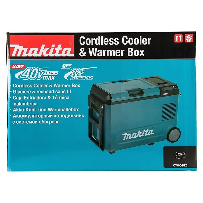 Makita Akku-Kühlbox zum Kühlen & Warmhalten CW004GZ - 18 V, Ohne Akku, 29 l - Verpackung der Makita Akku-Kühl- und Warmhaltebox, zeigt eine türkis-schwarze tragbare Kühlbox mit Rollen.