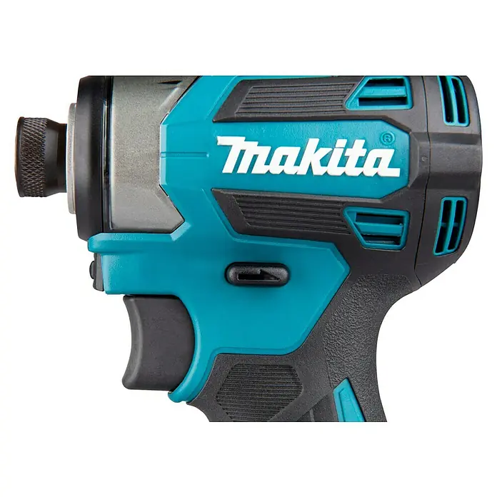 Makita LXT 18V Akku-Schlagschrauber DTD173Z - 18 V, Ohne Akku - Makita Schlagschrauber, türkisfarben und schwarz, mit strukturiertem Griff, Abzug und Logo.