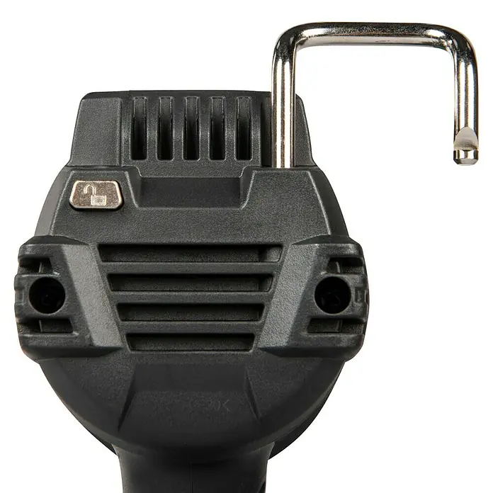 Makita XGT 40V max. Akku-Heißluftgebläse HG001G - 40 V, Ohne Akku, Temperaturbereich: 0 °C - 600 °C - Nahaufnahme eines schwarzen Sicherheitsgeräts mit offenem verchromtem Metallbügel und Entriegelungssymbol.