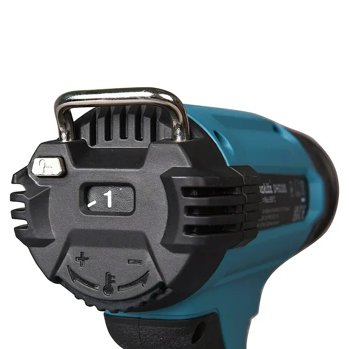 Makita LXT 18V Pistola de aire caliente de batería DHG181ZK - 18 V, Sin batería, Rango de temperaturas: 150 °C - 550 °C - Primer plano de una pistola de calor azul y negra que muestra el panel de control con '1', el ajuste de temperatura y un gancho metálico.