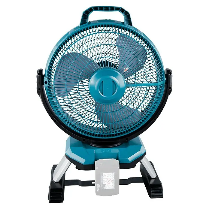Makita LXT 18V Akku-Ventilator DCF301Z - 18 V, Ohne Akku - Türkis-schwarzer tragbarer Ventilator mit Griff und sichtbarem Akku an der Basis.