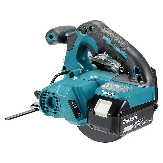 Makita LXT 18V Akku-Handkreissäge DCS553RTJ - 18 V, 2 Akkus, 5 Ah - Akku-Kreissäge Makita 18V in Türkis und Schwarz, mit Akku und sichtbarem Sägeblatt.
