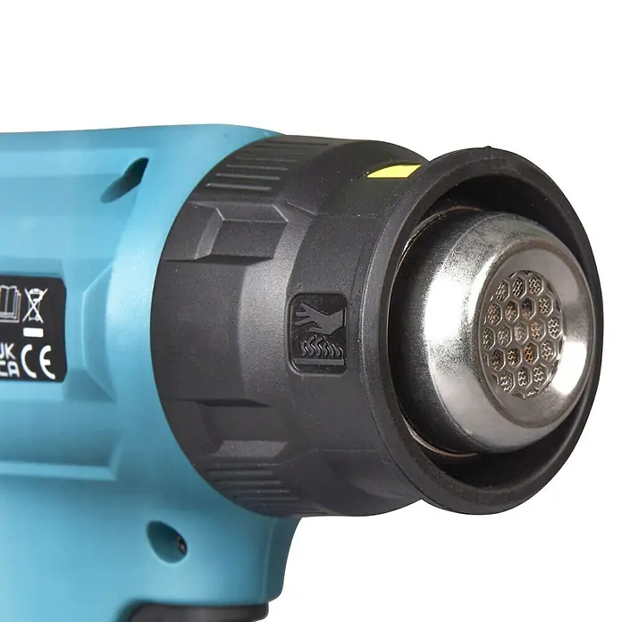 Makita LXT 18V Pistola de aire caliente de batería DHG181ZK - 18 V, Sin batería, Rango de temperaturas: 150 °C - 550 °C - Pistola de calor turquesa y negra con boquilla metálica y símbolo de advertencia de superficie caliente.