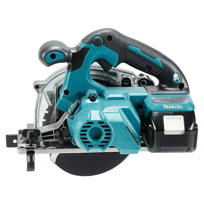 Makita LXT 18V Akku-Handkreissäge DCS553RTJ - 18 V, 2 Akkus, 5 Ah - Türkis-schwarze Makita Akku-Kreissäge mit bürstenlosem Motor und transparentem Blattschutz.