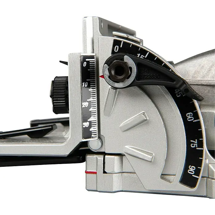 Makita LXT 18V Akku-Flachdübelfräse DPJ180Z - 18 V, Ohne Akku, 0 Ah, Schnitttiefe: 20 mm - Silberne einstellbare Werkzeugführung mit schwarzen Tiefen- und Winkelskalen (0-50, 0-90 Grad) für präzise Holzarbeiten.