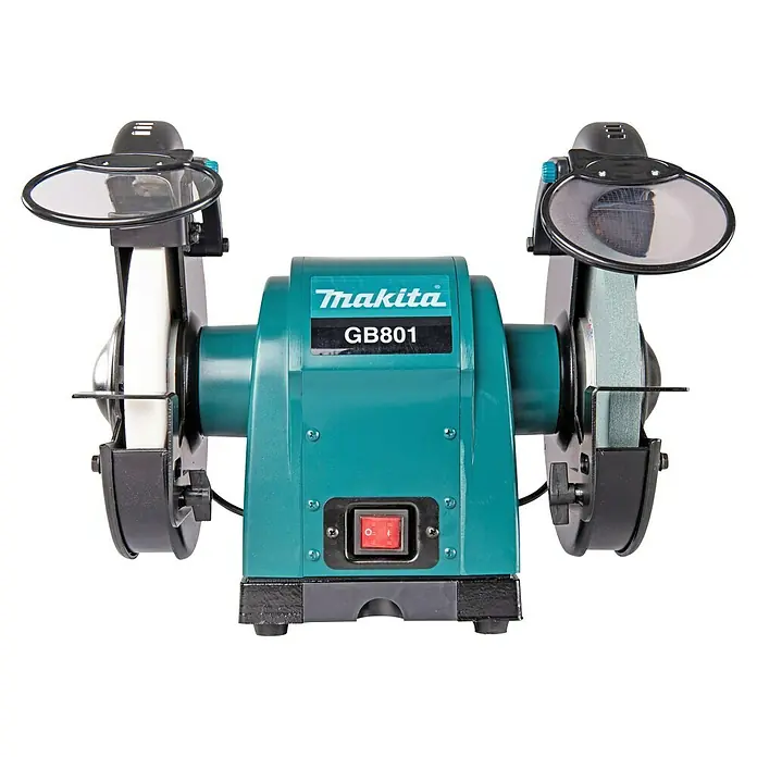 Makita Elektro-Doppelschleifer GB801 - 550 W, 2.850 U/min - Makita GB801 Doppelschleifmaschine mit türkisem Gehäuse, zwei Schleifscheiben, durchsichtigen Schutzscheiben und rotem Schalter.