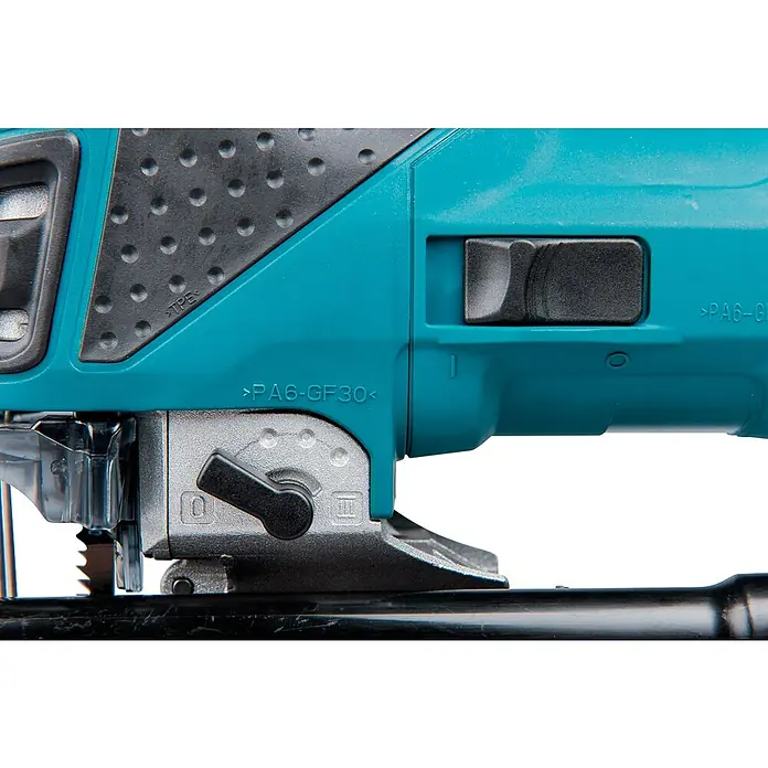 Makita Elektro-Pendelhubstichsäge 4351FCTJ - 800 /min - 2.800 /min, Max. Schnitttiefe in Holz: 135 mm, Anzahl Pendelhubstufen: 4 Stk. - Nahaufnahme einer türkis-schwarzen Stichsäge, mit Sägeblatt, Pendelhub-Regler und strukturiertem Griff.