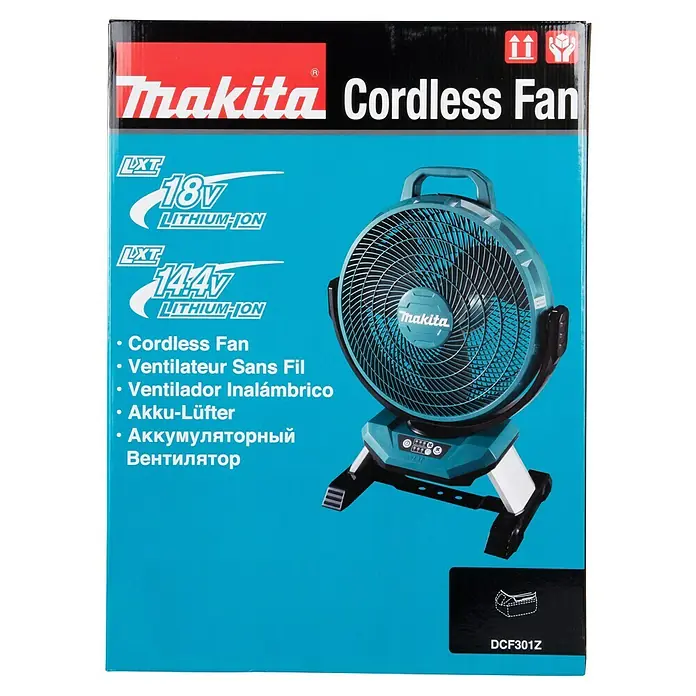 Makita LXT 18V Akku-Ventilator DCF301Z - 18 V, Ohne Akku - Makita Akku-Lüfter DCF301Z (türkis/schwarz) auf blauer, schwarzer und roter Verpackung mit 18V/14.4V Lithium-Ionen-Kompatibilität.