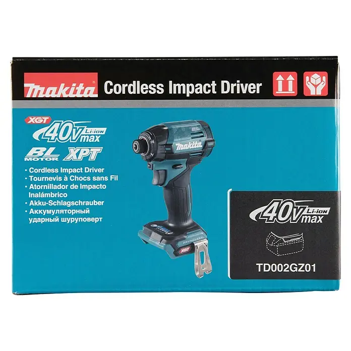 Makita XGT 40V max. Akku-Schlagschrauber TD002GZ01 - 40 V, Ohne Akku, 220 Nm - Makita TD002GZ01 40V Li-Ion Max Akku-Schlagschrauber in blauer Verpackung.