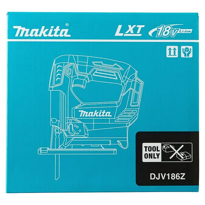 Makita LXT 18V Akku-Pendelhubstichsäge DJV186Z - 18 V, Ohne Akku, 2.900 /min - Blaue Makita LXT 18V Li-ion Stichsägen-Verpackung (DJV186Z) "nur Werkzeug" mit weißer Umrisszeichnung.