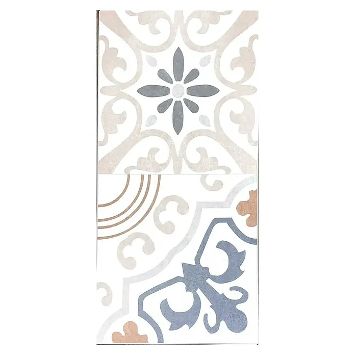 Suelo vinílico SPC Hidráulico Pedrera - 1.200 x 600 x 5 mm, Gris/Beige, Resistente al agua - Azulejos decorativos blancos con patrones florales y geométricos gris claro, beige y azul grisáceo, para suelos o paredes.