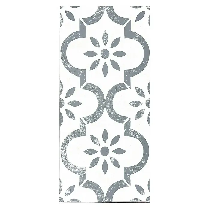 Suelo vinílico SCP Hidráulico Gaudí - 1.200 x 600 x 5 mm, Gris, Resistente al agua - Azulejo decorativo gris y blanco con patrón floral y geométrico de cuadrifolio envejecido.