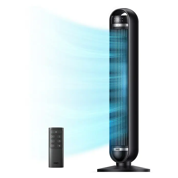 Dreo Ventilador de torre Nomad - Negro, 91 cm, 30 W - Ventilador de torre negro con pantalla digital y control remoto, expulsando aire azul frío.