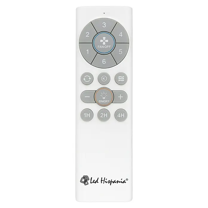 Led Hispania Ventilador de techo Alisio - Blanco, 106 cm, 30,7 W, Blanco cálido - Mando a distancia blanco con botones grises para ventilador de techo y luz, con funciones de velocidad, luz, atenuación y temporizador.