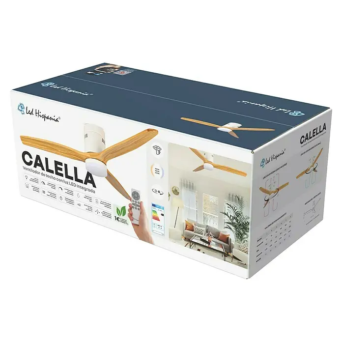 Led Hispania Ventilador de techo Calella - Marrón, 132 cm, 35,7 W, Blanco cálido - Caja de producto del ventilador de techo Calella con carcasa blanca, aspas de madera clara y luz LED integrada.