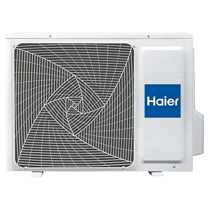 Haier Aire acondicionado cassette AB35S2SC2FA - 3,5 kW, 4 kW, Tamaño de la estancia: 20 m² - 35 m² - Unidad exterior de aire acondicionado Haier blanca con rejilla espiral negra y blanca.
