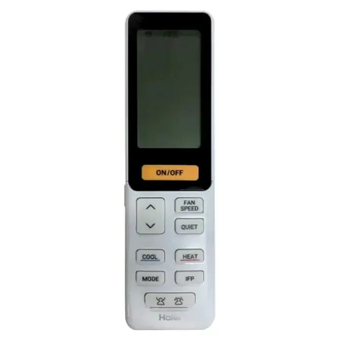 Haier Aire acondicionado cassette AB35S2SC2FA - 3,5 kW, 4 kW, Tamaño de la estancia: 20 m² - 35 m² - Mando a distancia blanco Haier para aire acondicionado con pantalla negra, botón amarillo ON/OFF y teclas de función.