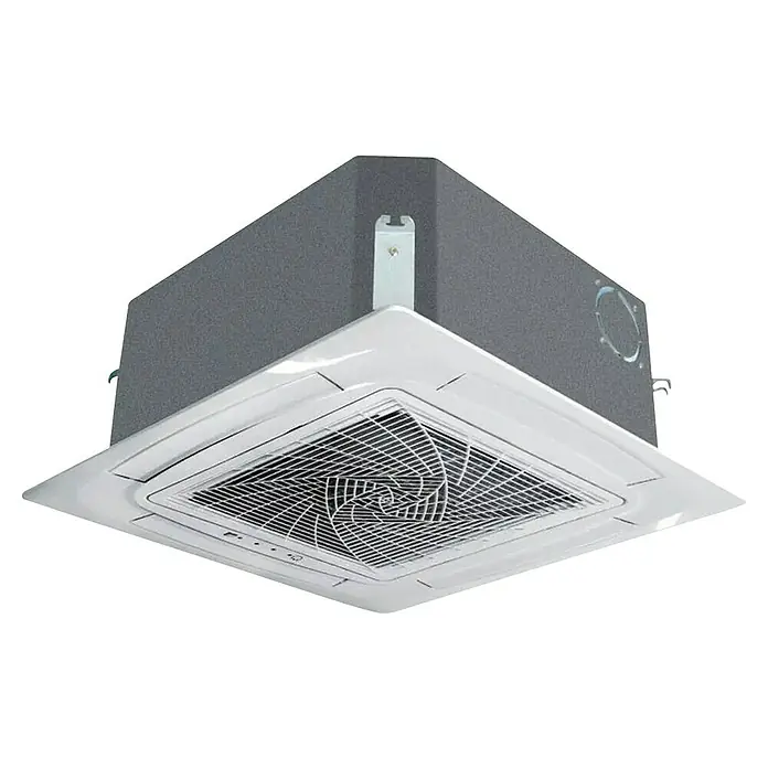 Haier Aire acondicionado cassette AB35S2SC2FA - 3,5 kW, 4 kW, Tamaño de la estancia: 20 m² - 35 m² - Aire acondicionado de cassette de techo blanco con carcasa superior gris y rejilla de ventilador central.