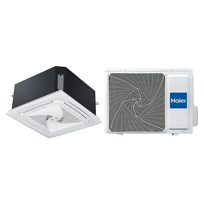 Haier Aire acondicionado cassette AB35S2SC2FA - 3,5 kW, 4 kW, Tamaño de la estancia: 20 m² - 35 m² - Dos unidades de aire acondicionado blancas: un casete de techo con carcasa negra y una unidad exterior, ambas con diseño de rejilla espiral.