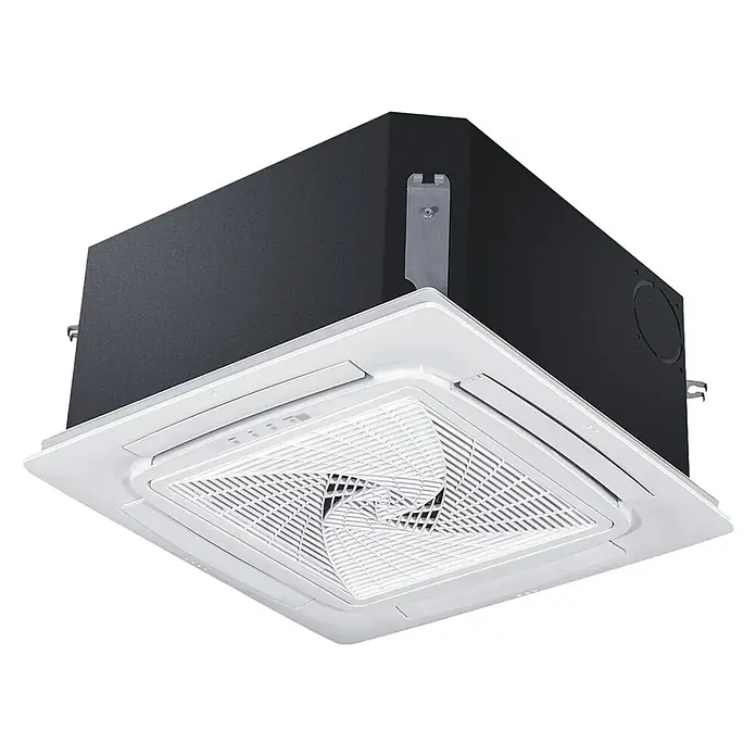 Haier Aire acondicionado cassette AB50S2SC2FA - 5 kW, 5,6 kW, Tamaño de la estancia: 35 m² - 50 m² - Aire acondicionado de cassette cuadrado blanco con rejilla espiral y carcasa superior negra, diseñado para techo.