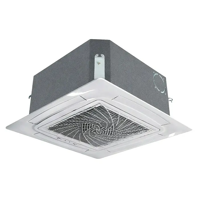 Haier Aire acondicionado cassette AB50S2SC2FA - 5 kW, 5,6 kW, Tamaño de la estancia: 35 m² - 50 m² - Aire acondicionado de casete de techo cuadrado blanco con carcasa gris y rejilla en espiral.