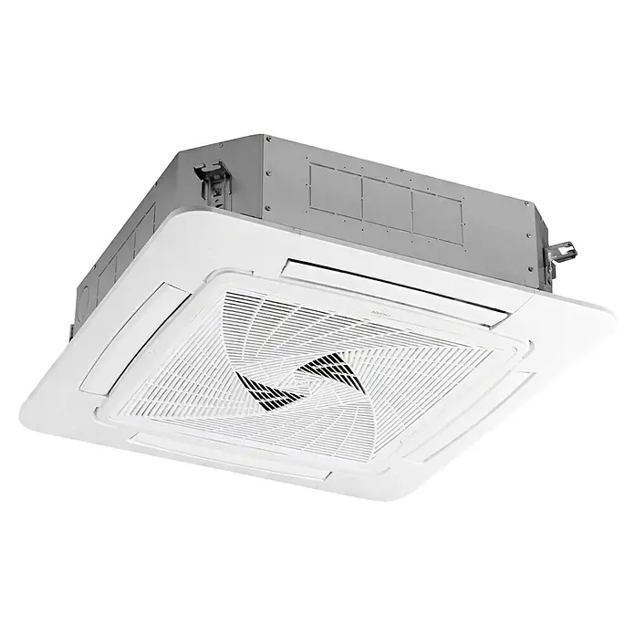 Haier Aire acondicionado cassette AB71S2SR1FA - 7,1 kW, 7,9 kW, Tamaño de la estancia: 50 m² - 70 m² - Aire acondicionado tipo cassette blanco para techo con carcasa metálica gris y rejilla espiral.