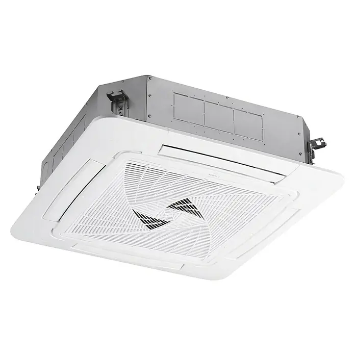 Haier Aire acondicionado cassette AB105S2SR1FA - 9,2 kW, 10,5 kW, Tamaño de la estancia: 70 m² - 100 m² - Aire acondicionado de cassette blanco de techo con carcasa metálica gris y rejilla en espiral.