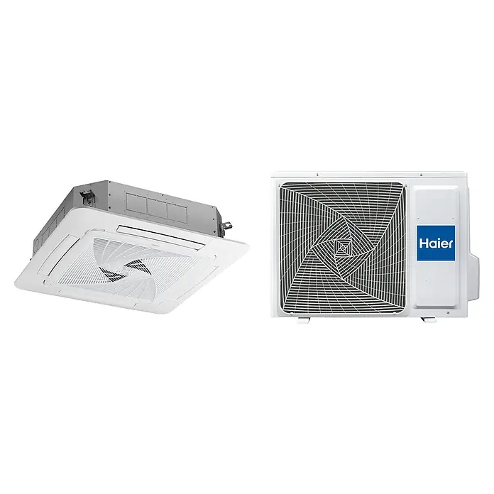 Haier Aire acondicionado cassette AB125S2SR1FA - 12,3 kW, 12,7 kW, Tamaño de la estancia: 90 m² - 120 m² - Unidad interior de cassette Haier blanca con rejilla estampada y unidad exterior de condensador.