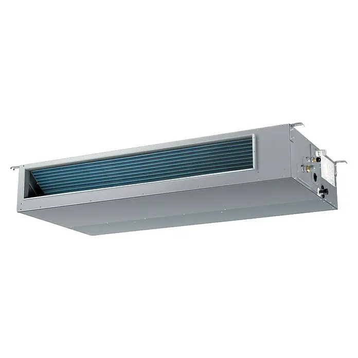 Haier Aire acondicionado por conductos AD125S2SM9FA - 12.300 W, 12.700 W, Tamaño de la estancia: 90 m² - 120 m² - Unidad de aire acondicionado rectangular gris por conductos con serpentín de enfriamiento azul visible y válvulas de conexión.