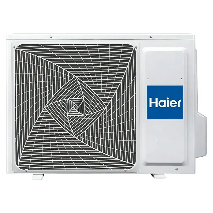 Haier Aire acondicionado por conductos AD125S2SM9FA - 12.300 W, 12.700 W, Tamaño de la estancia: 90 m² - 120 m² - Unidad exterior de aire acondicionado Haier blanca con rejilla de ventilador geométrica en blanco y negro.
